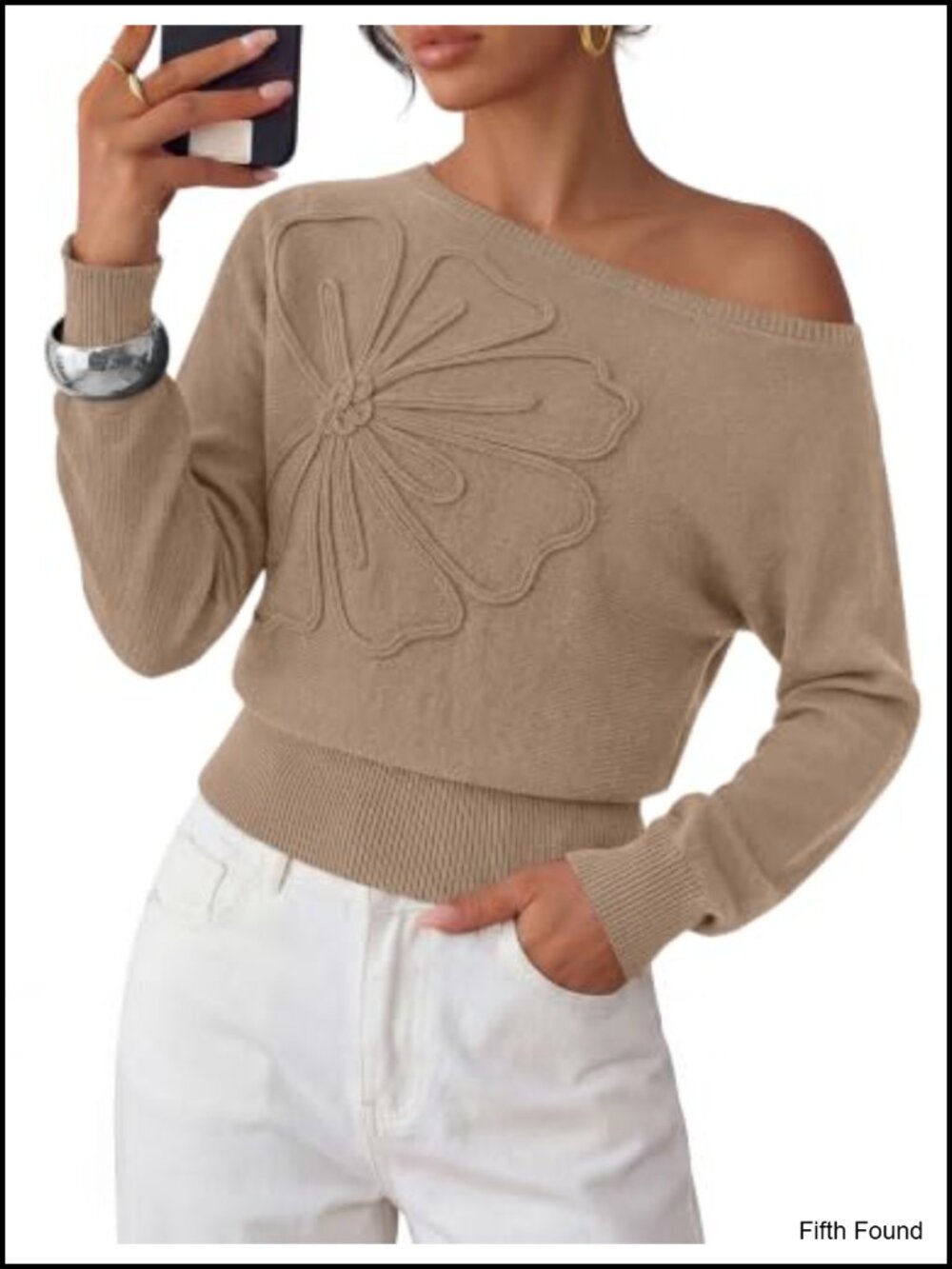 Off Shoulder Sweater Convertible Boat Neck 3D Floral Long Sleeve